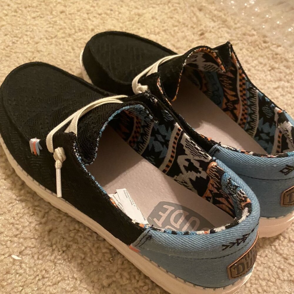 Hey Dudes, womens 12, blue, black, orange
